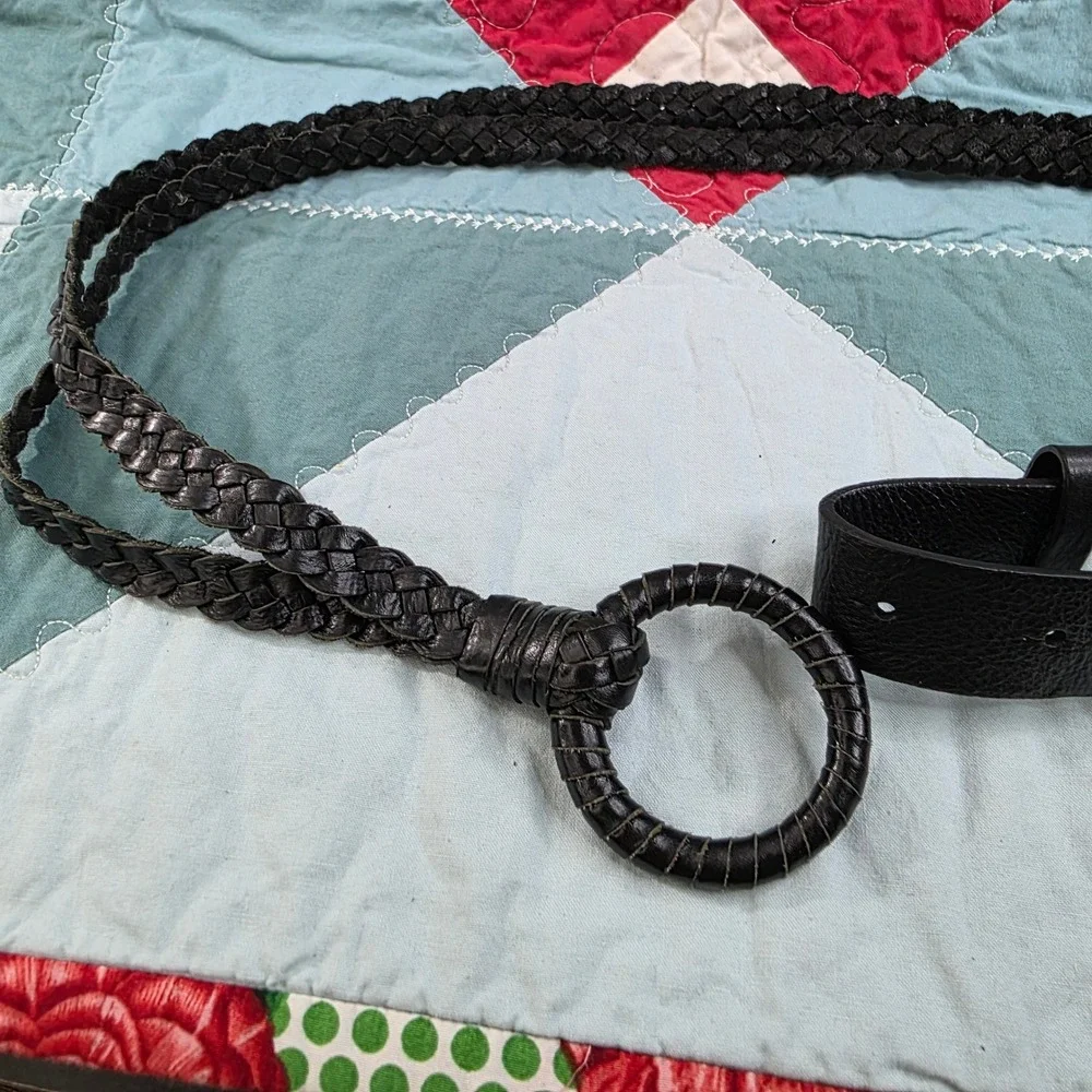 Street Leather Black Braided Leather O-Ring Belt Fits 32-34